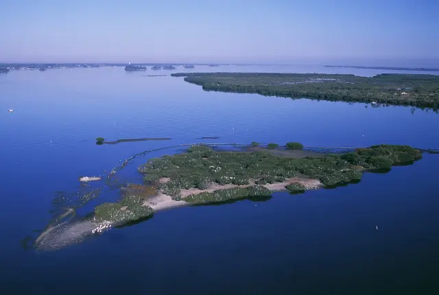Aerial view of Pelican Island National Wildlife Refuge in the Indian River Lagoon, Indian River County, Florida